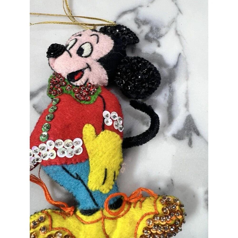 Vintage Mickey & Minnie Ornaments felt 1970s handmade 7” christmas